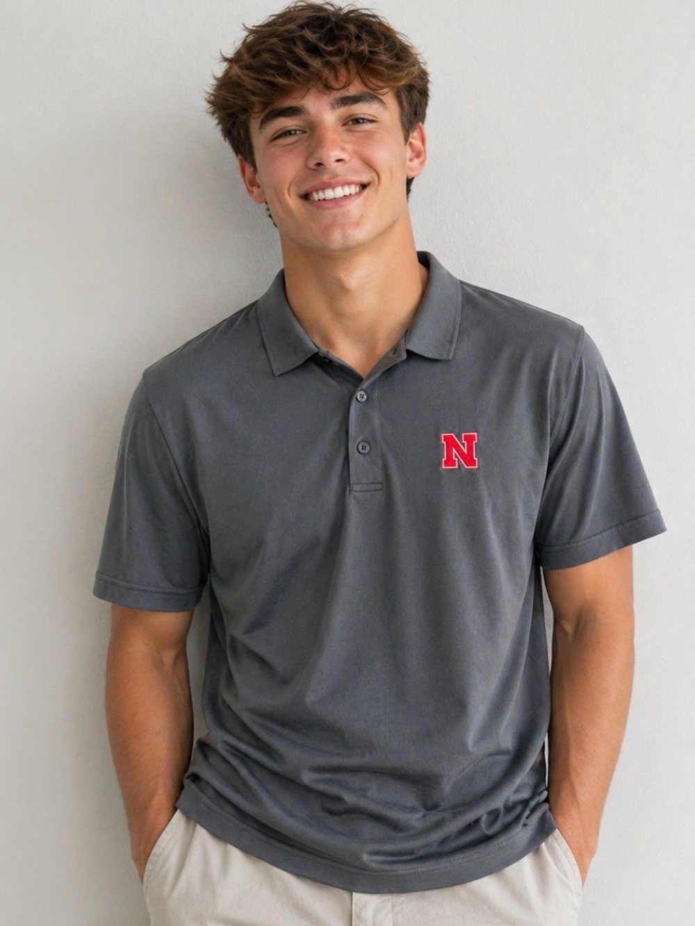 Nebraska Gray Polo Shirt with Red Emblem